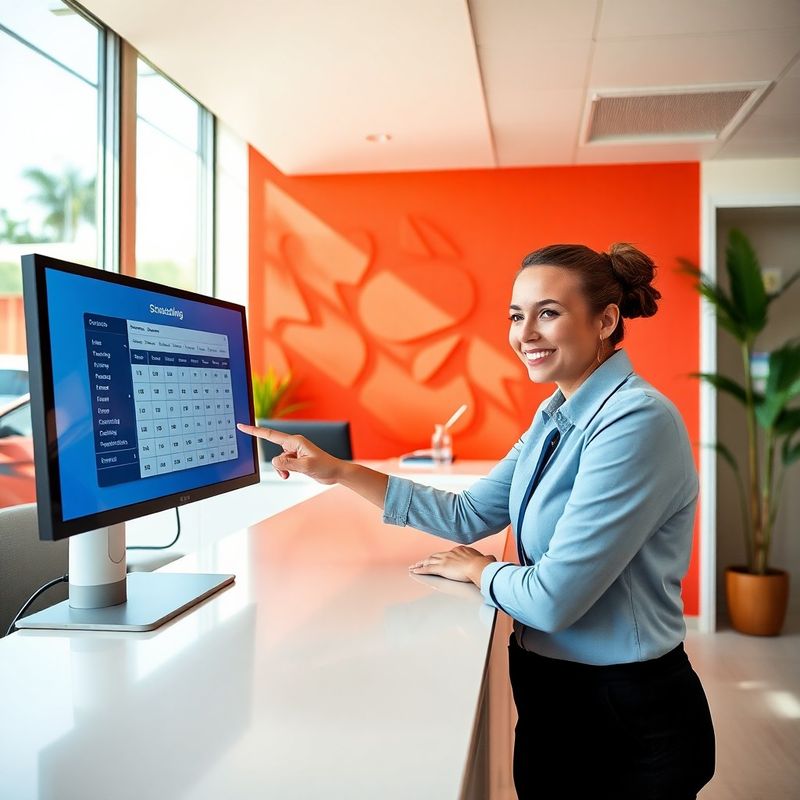 Atendente sorrindo em frente a parede com acento coral apontando para tela de agendamento digital