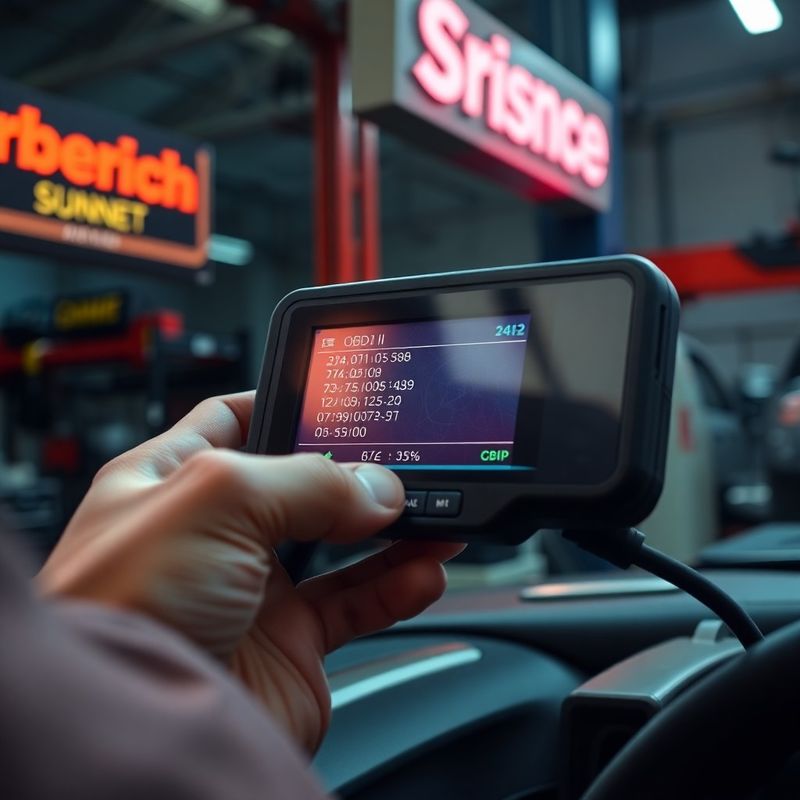 Tela do scanner OBD-II exibindo códigos de falha do motor, com mãos do mecânico em foco