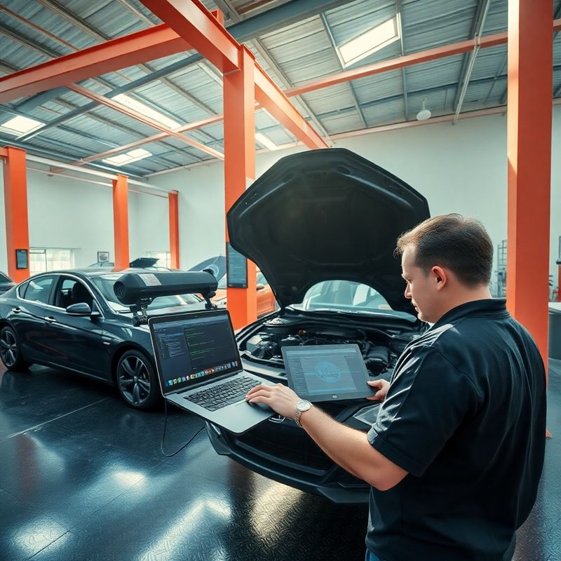 Técnico usando scanner OBD em laptop conectado ao motor de um carro na oficina
