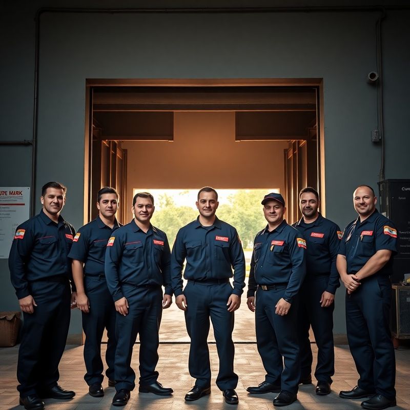 Retrato em grupo de oito mecânicos da BOP com uniformes escuros e patches coral em frente à oficina